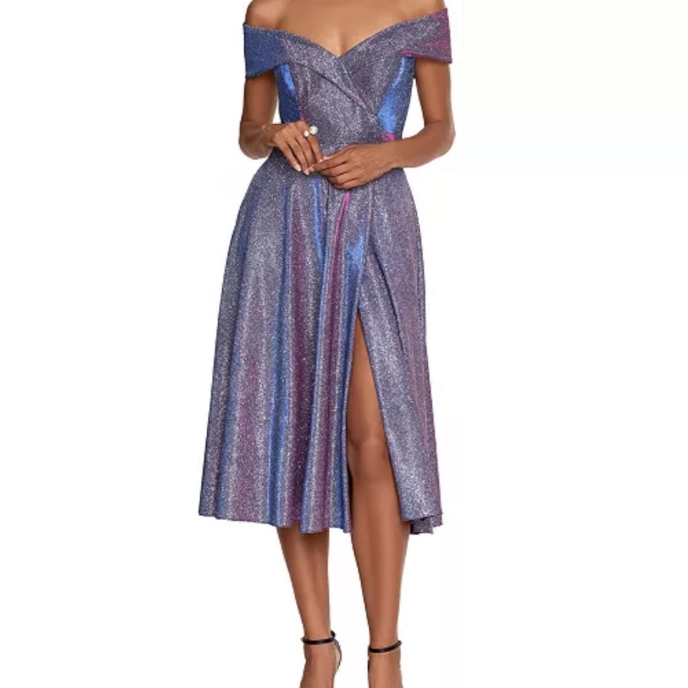 XSCAPE Glitter-Knit Off-The-Shoulder Dress
